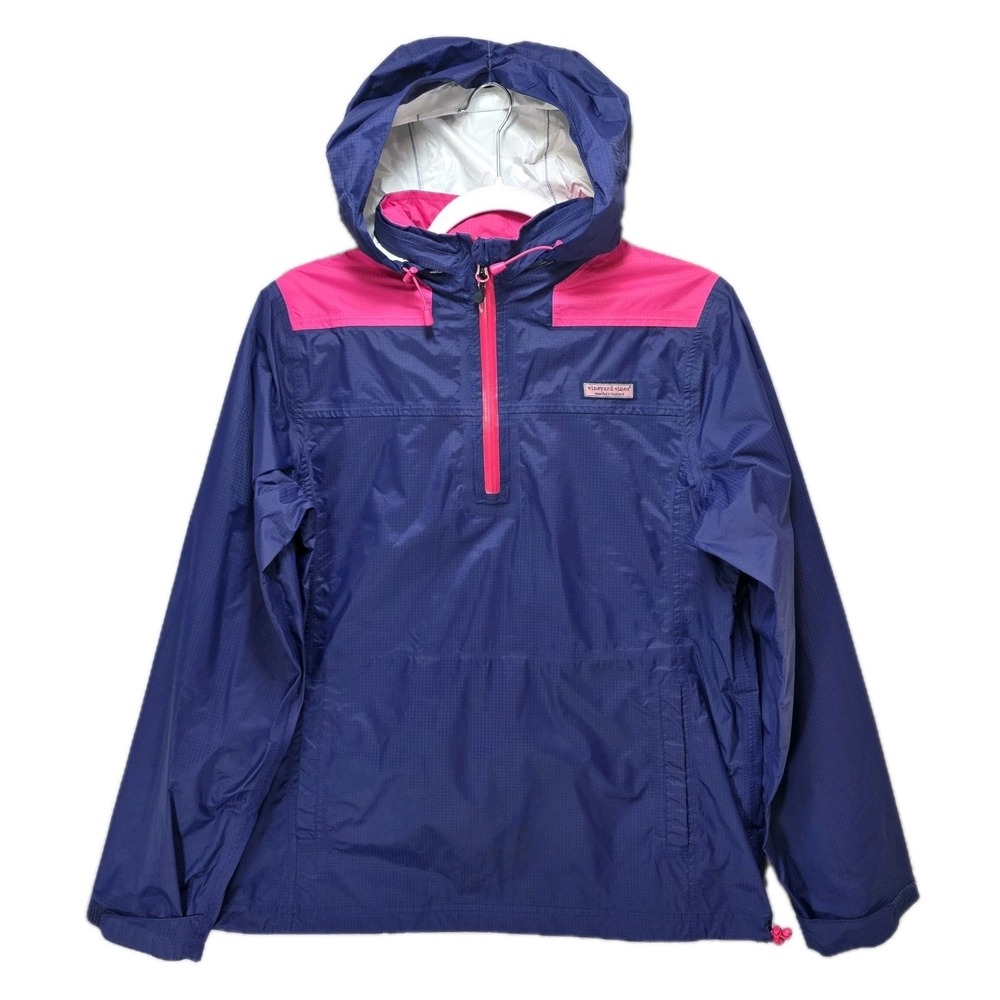 Vineyard Vines Rain Jacket Womens Small Windbreaker Qtr Zip Hide Away Hood Blue
